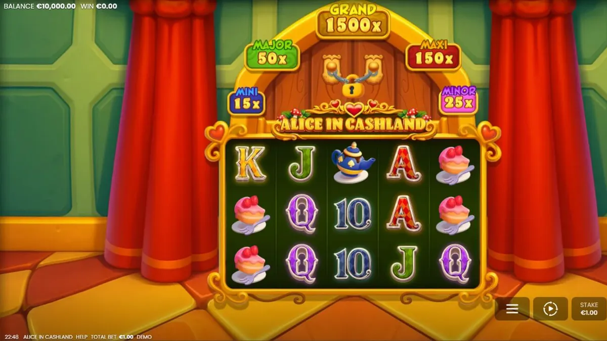 Alice in Cashland slot machine interface com elementos de fantasia e luzes neon