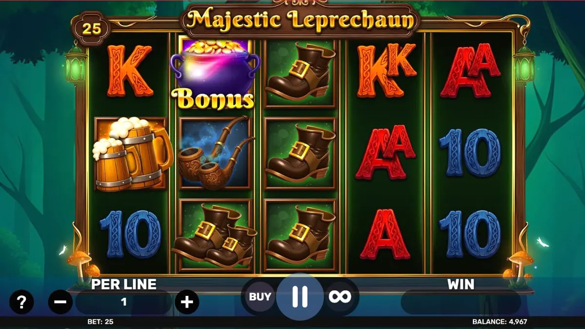 Cenário vibrante e mágico do slot Majestic Leprechaun com elementos da cultura irlandesa