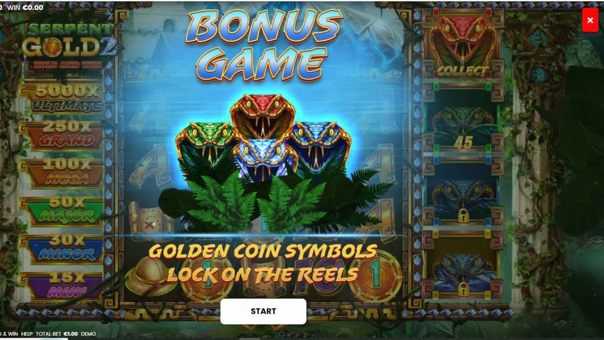 Interface do jogo de slot Serpent Gold 2: Hold and Win com tema de selva e serpentes
