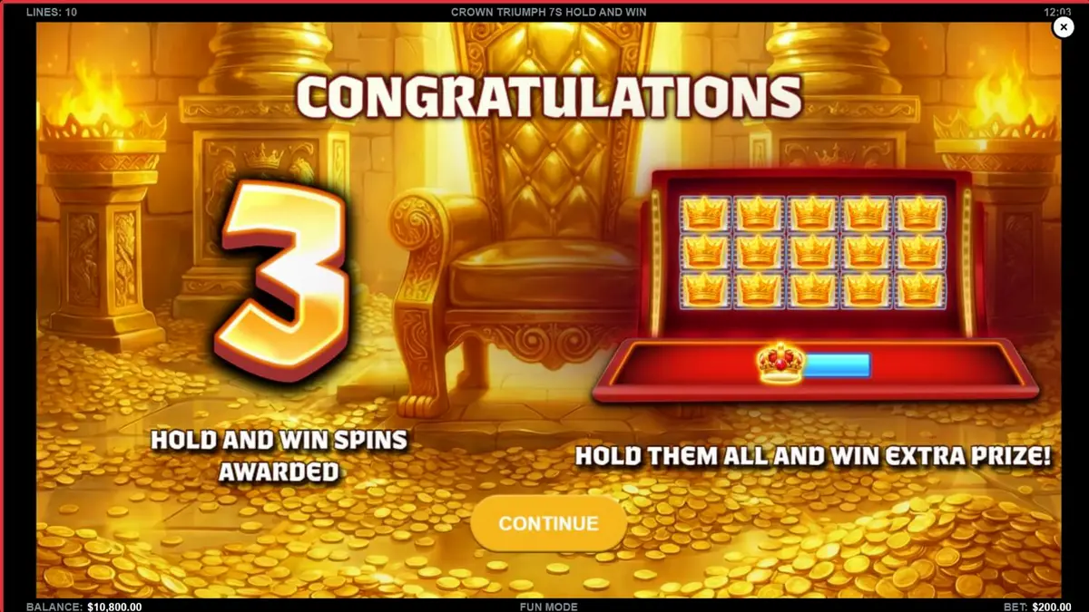 Interface do slot Crown Triumph 7s Hold and Win com design luxuoso e símbolos clássicos